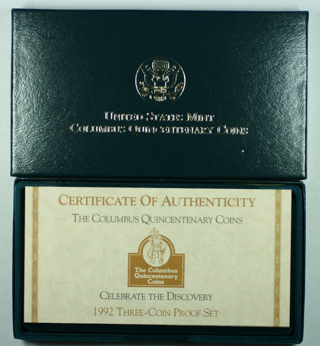 1992-W & S Gold $5 Silver $1 50 Cents Columbus Commem 3 Coin Proof Set in OGP