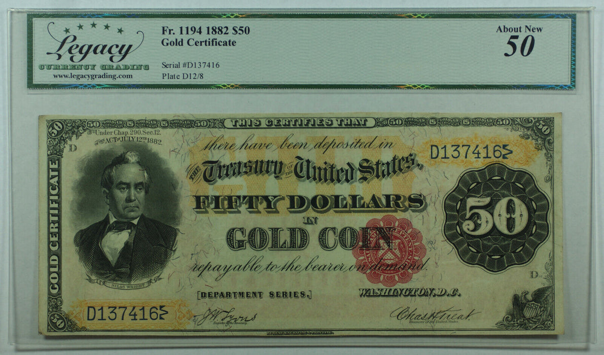 1882 Fifty Dollar Gold Certificate Large Note $50 Fr. 1194 Legacy About New 50
