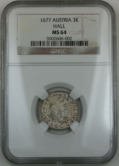 1677 Austria 3 Kreuzer Coin, Hall, NGC MS-64