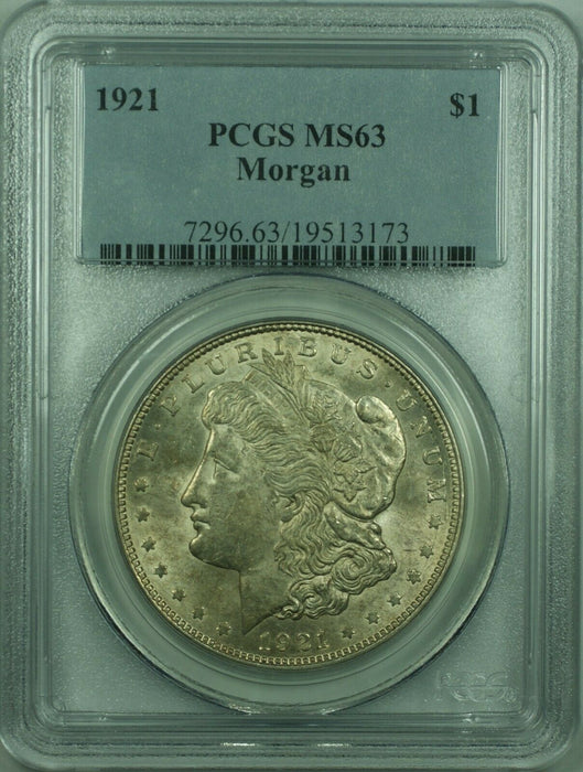 1921 Morgan Silver Dollar $1 Coin PCGS MS-63 Lightly Toned (36) F