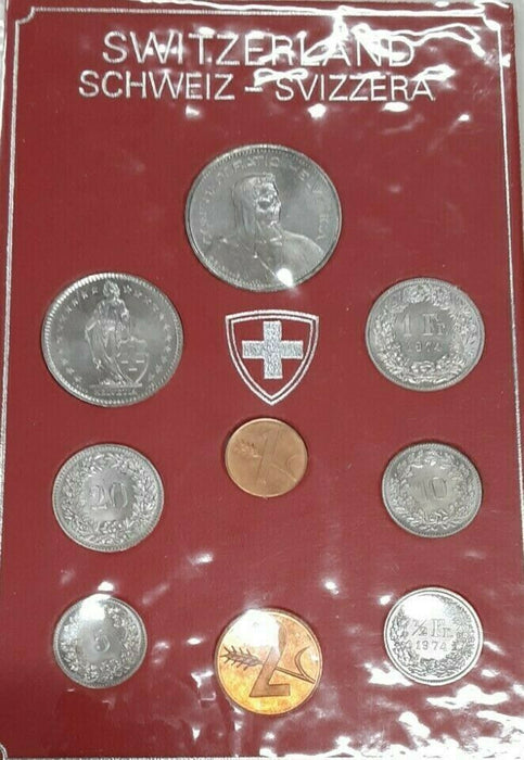 1974 Switzerland Mint Set 9 BU Coins in Holder