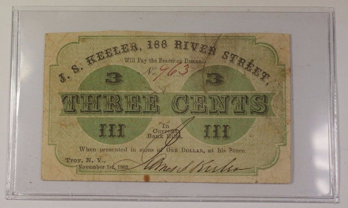 1862 Obsolete Merchant Scrip Three-cents JS Keeler 188 River St Troy, NY