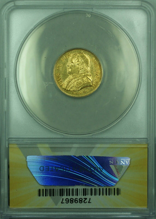 1867-R Papal States 10 Lire Gold Coin YR XXII  ANACS AU 58 Details-Cleaned  (DW)
