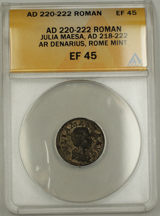 AD 220-222 Roman Silver Denarius Coin Julia Maesa Rome Mint ANACS EF-45 AKR