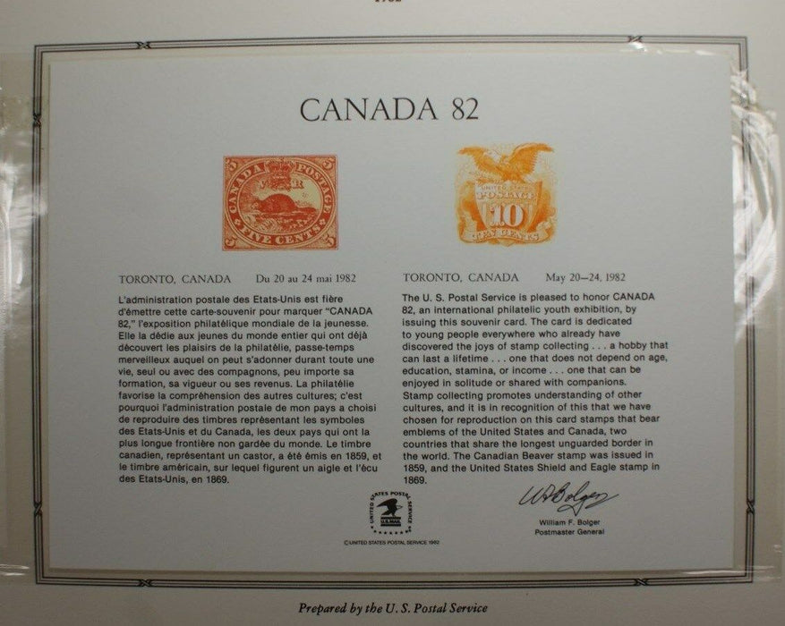 souvenir card PS 38 Canada 1982 1869 10¢ Shield and Eagle stamp