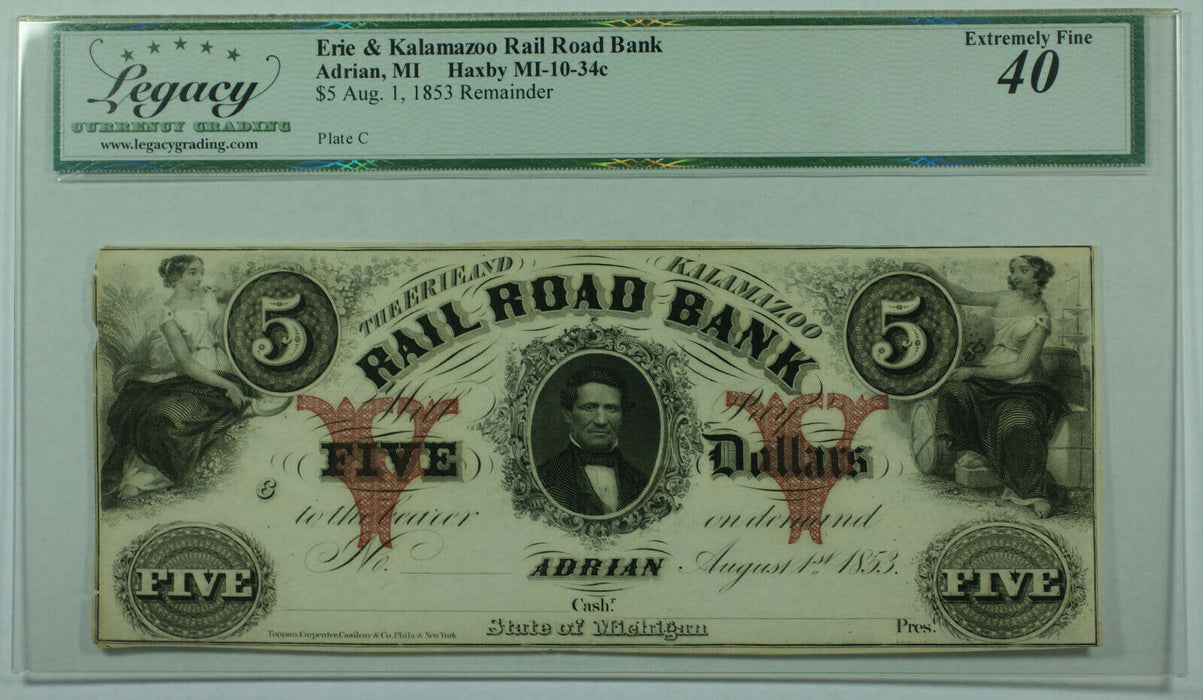 1853 $5 Erie & Kalamazoo Rail Road Bank Adrian MI Haxby MI-10-34c Legacy XF-40 C