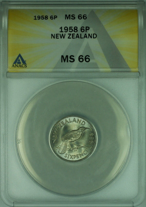 1958 New Zealand 6 Pence Coin ANACS MS 66  (WB2)