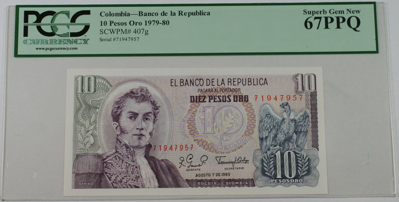 1979-80 Colombia 10 Pesos Oro Note SCWPM# 407g PCGS PPQ 67 Superb Gem New