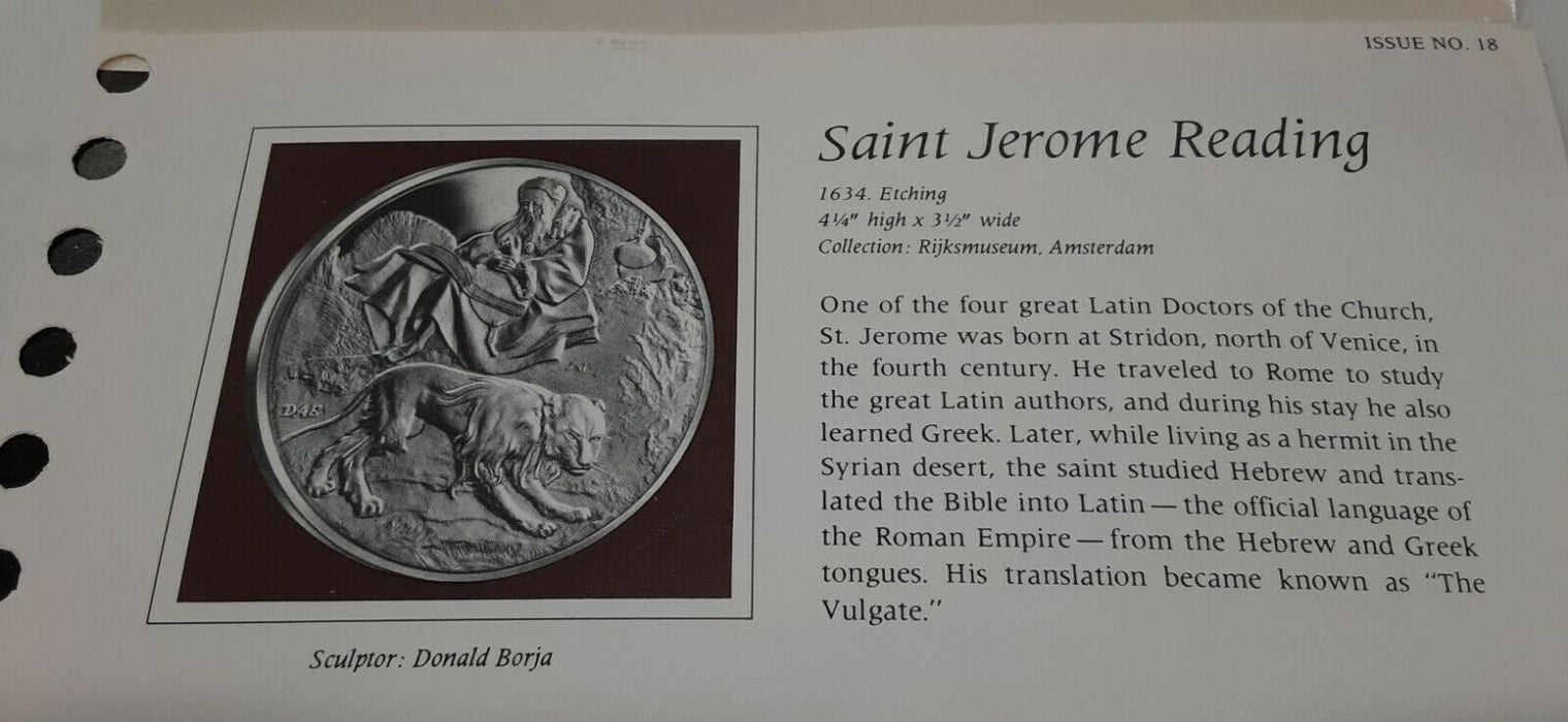 Franklin Mint Genius/Rembrandt PR .925 Silver Medal-St. Jerome Reading in Card