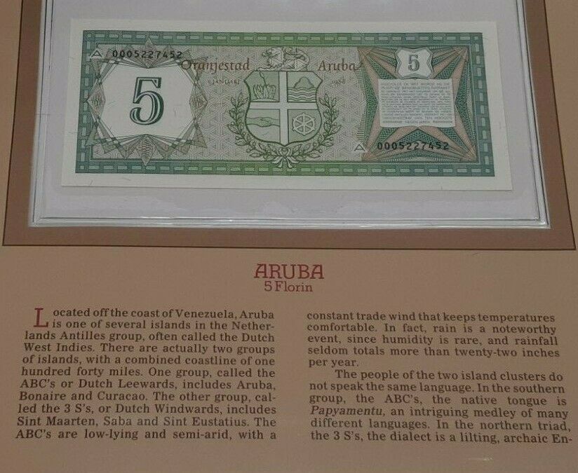 Fleetwood 1986 Aruba 5 Florin Note Crisp Uncirculated in Historic Info Card