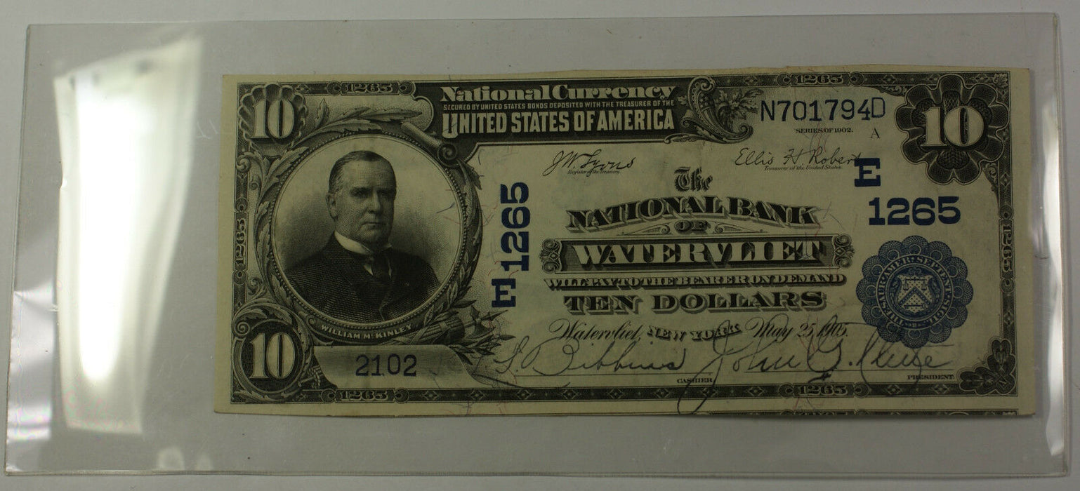 1902 Plain Back $10 National Currency Banknote AU Watervliet NY Charter # E 1265