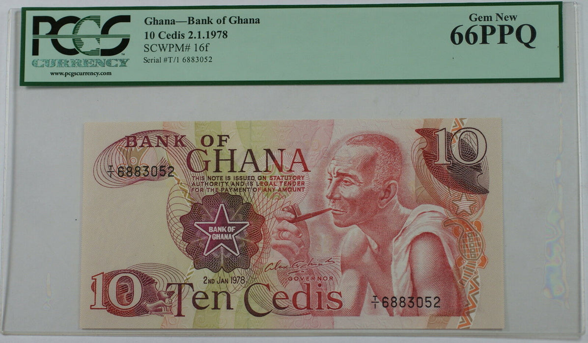 2.1.1978 Bank of Ghana 10 Cedis Note SCWPM# 16f PCGS 66 PPQ Gem New