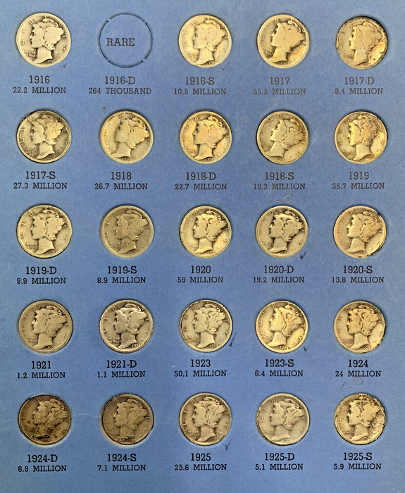 1916-1945 Mercury Dime Almost Complete Set, Whitman Coin Folder, NO 1916-D (C)