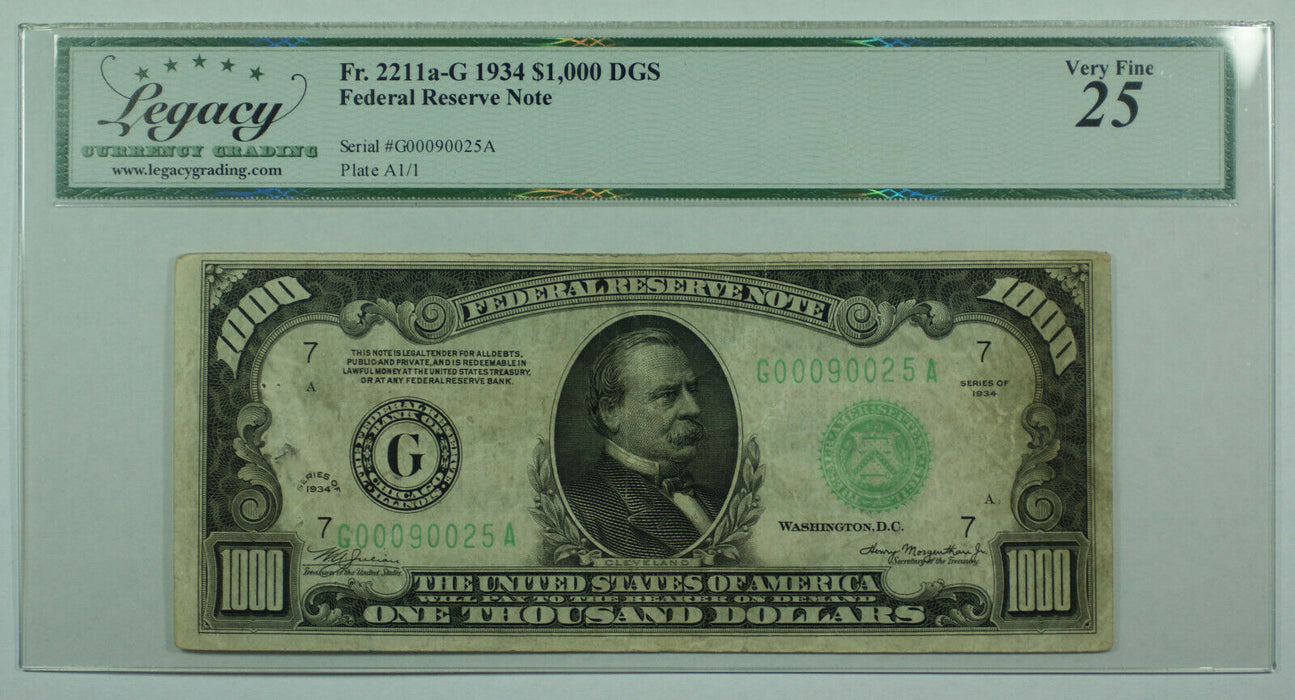 1934 $1000 One Thousand Dollar Bill DGS FRN Fr. 2211a-G Legacy VF-25 (DW)