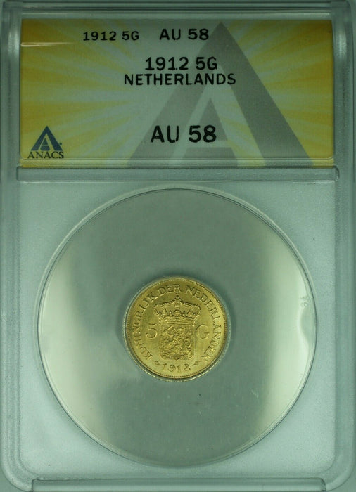1912 Netherlands 5 Gulden Gold Coin ANACS AU-58  (DW)