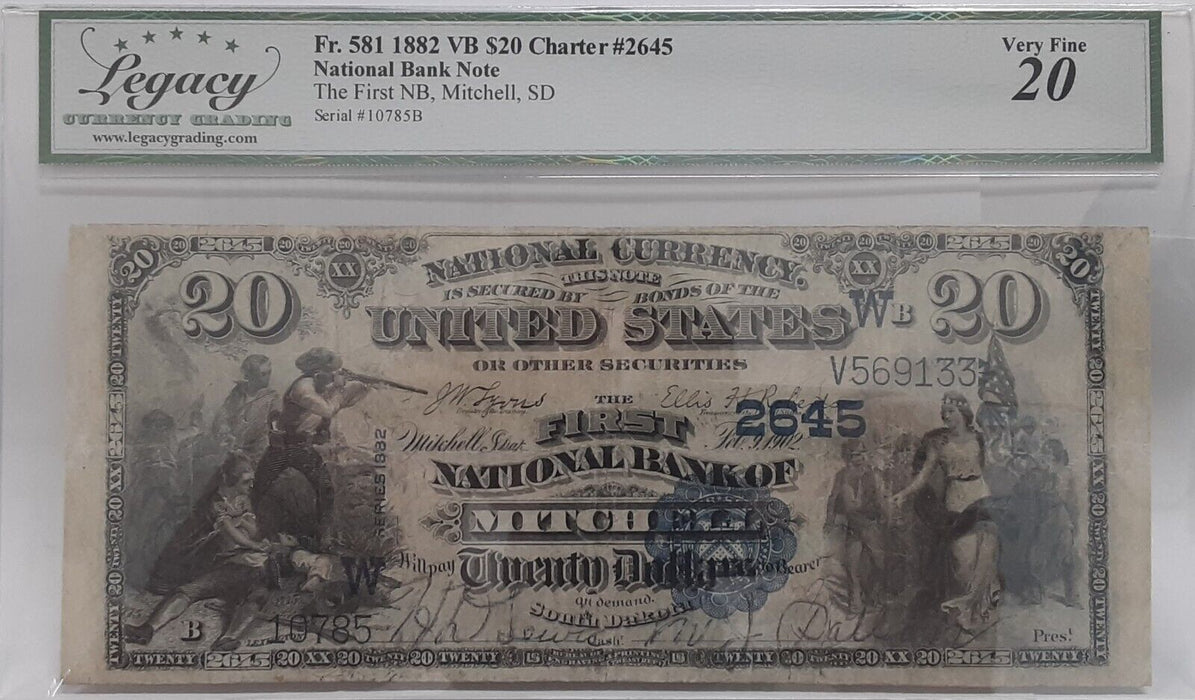 1882 $20 National Currency VB 1st Nat'l Bank Mitchell SD CH#W-2645 Legacy VF-20
