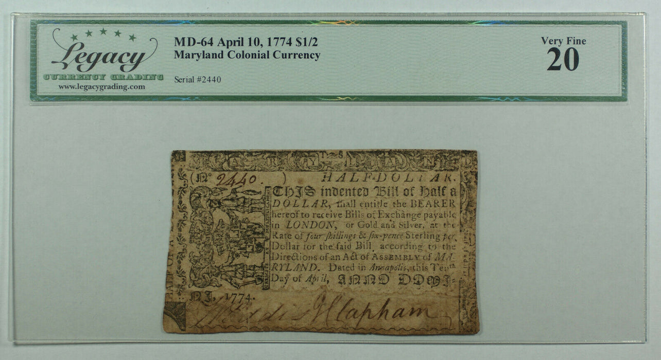 1774 Maryland Colonial Currency $1/2 Half Dollar Note MD-64 Legacy VF-20