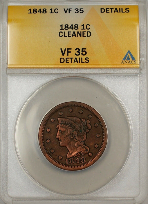 1848 Large Cent 1c Coin ANACS VF 35 Details Cleaned