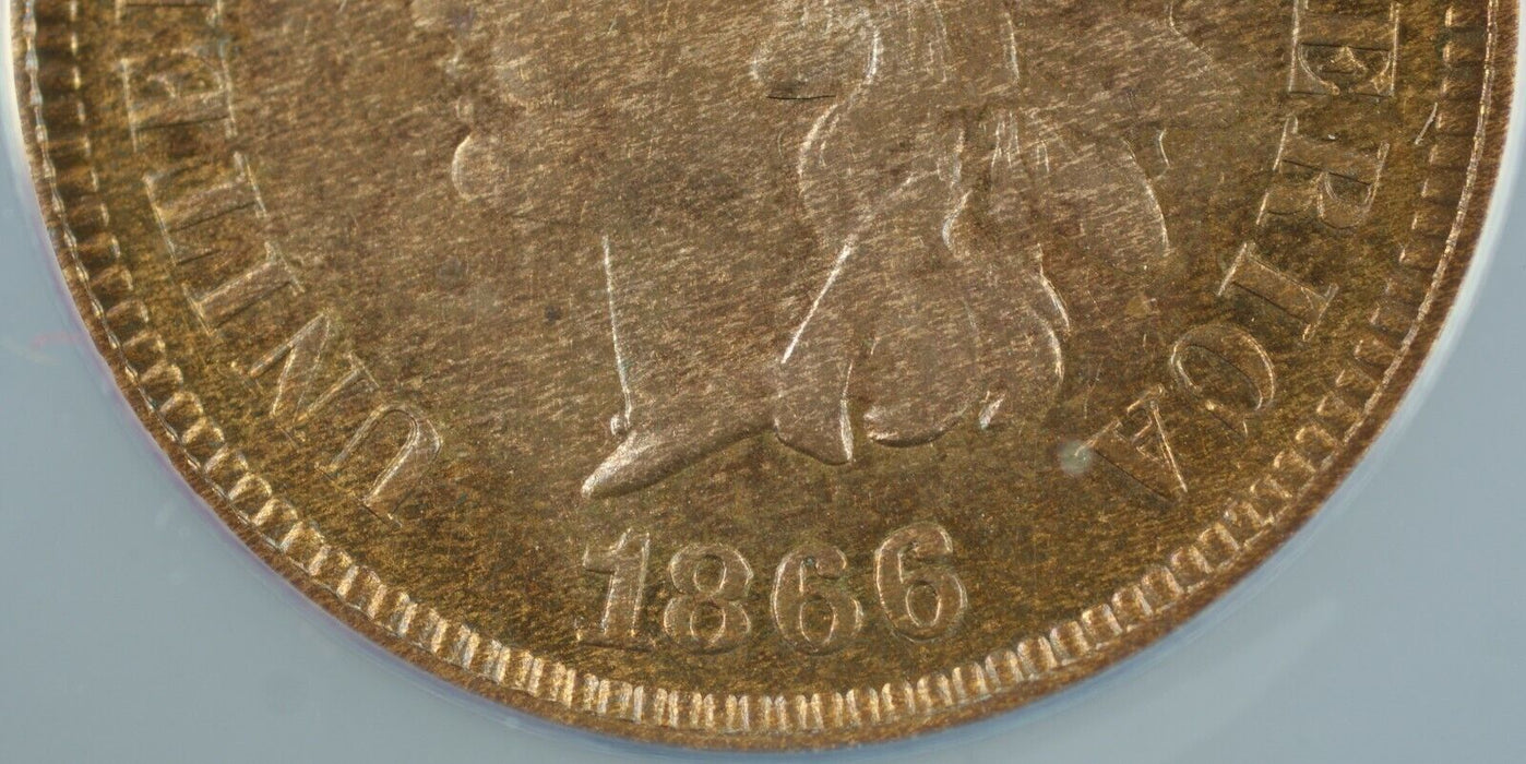 1866 Indian Head Cent 1c ANACS MS-60 (Unc) Details (Repunched Date)