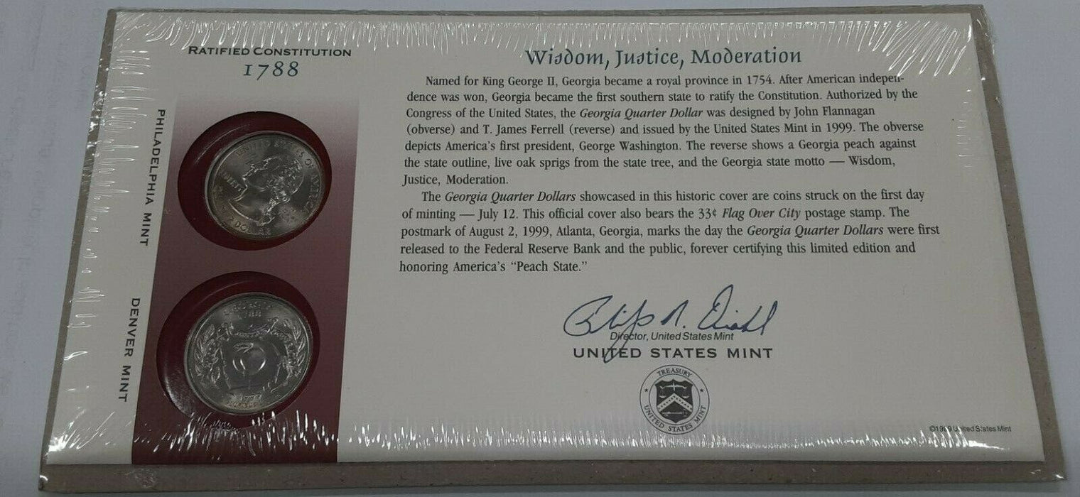 Georgia 1999 P&D Statehood Quarter Set in Orig. US Mint Coin Cover w/Stamp