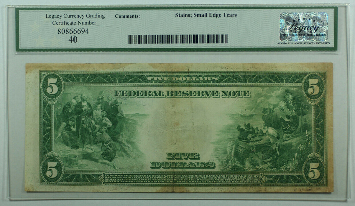 1914 $5 Five Dollar Philadelphia Federal Reserve Note FRN Fr. 855c Legacy XF-40
