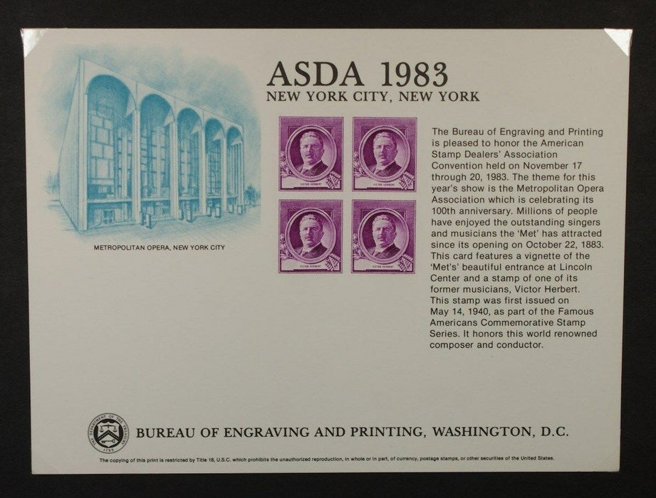 BEP souvenir card B 63 ASDA 1983 1940 3¢ Herbert stamp