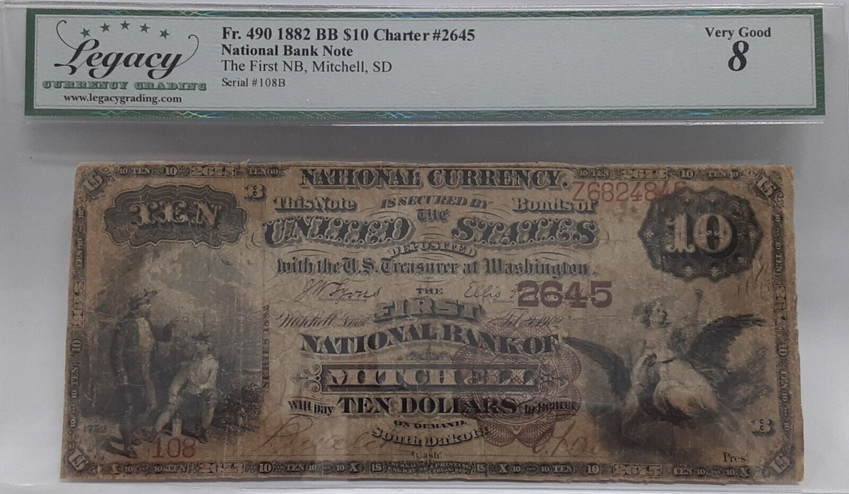 1882 $10 National Currency BB 1st Nat'l Bank Mitchell SD CH#2645 Legacy VG 8