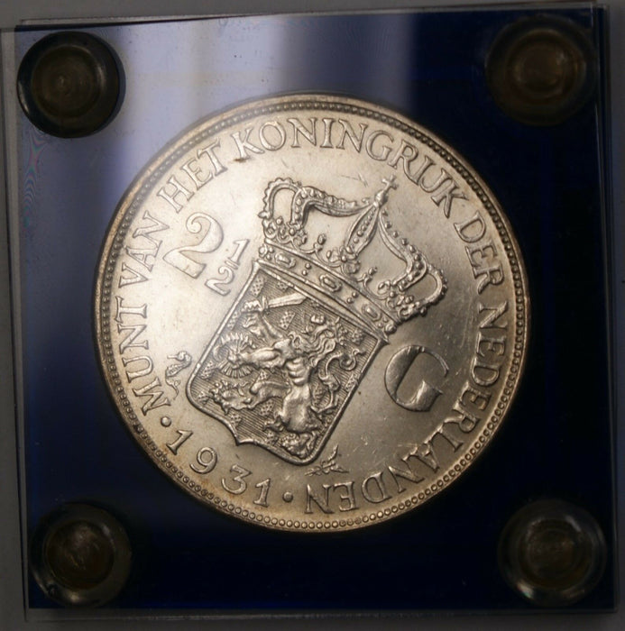 1931 2 1/2 Guilden Netherlands Silver Coin in Hard Blue Plastic Case