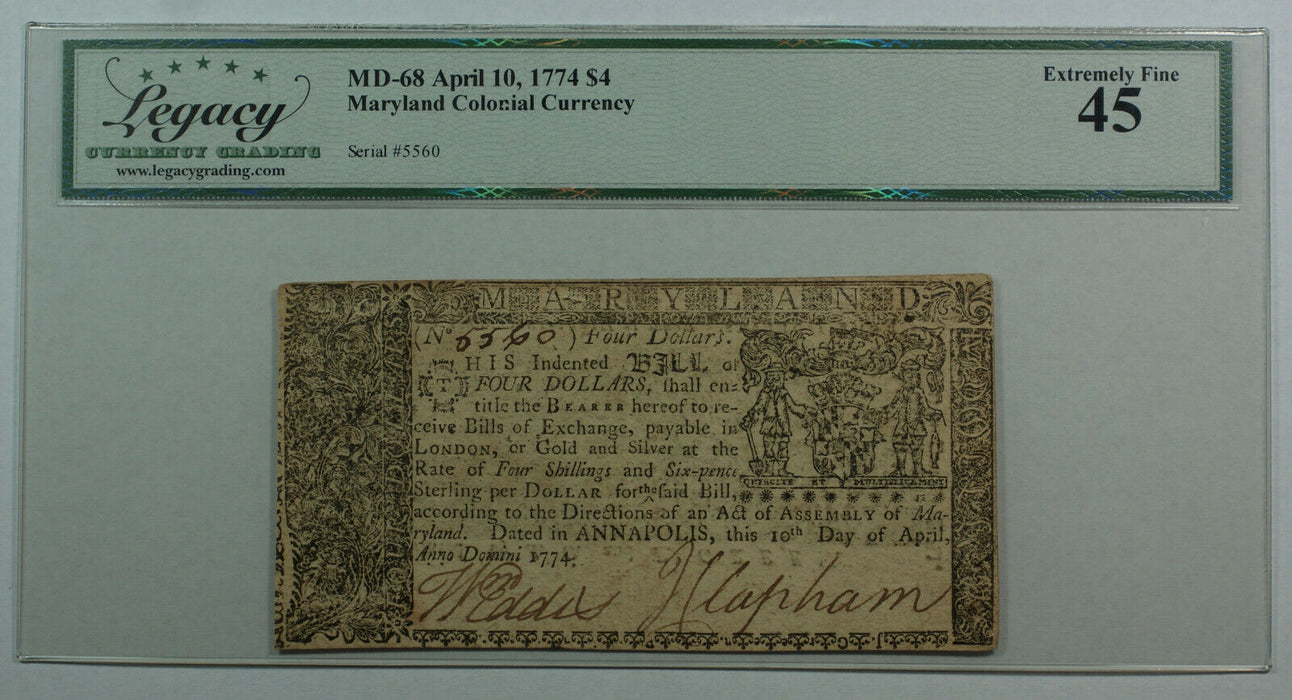 1774 $4 Maryland Colonial Currency Note MD-68 Legacy XF-45