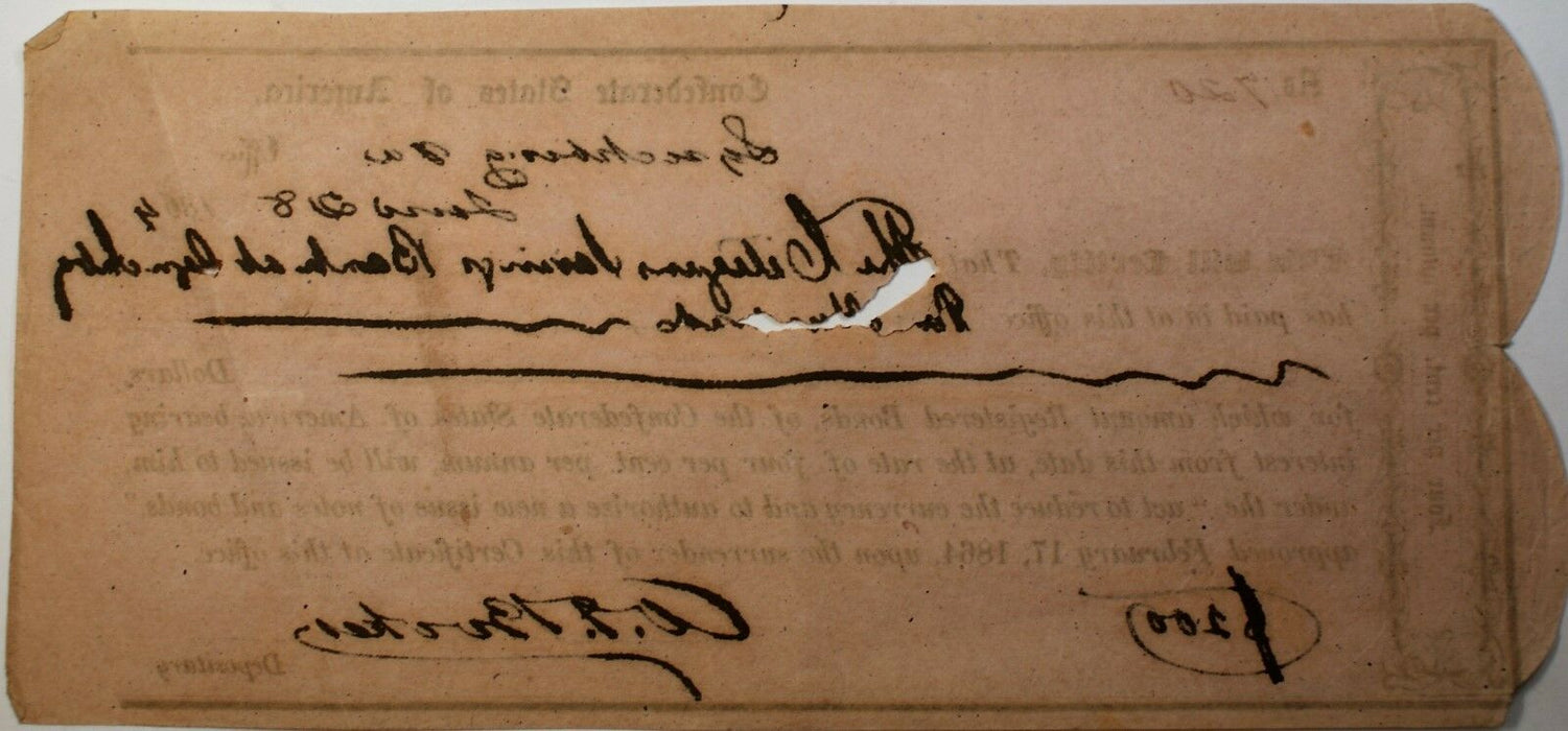 1864 Confederate States Bond June $200 Dollars Lynchburg Virginia Hand Signed
