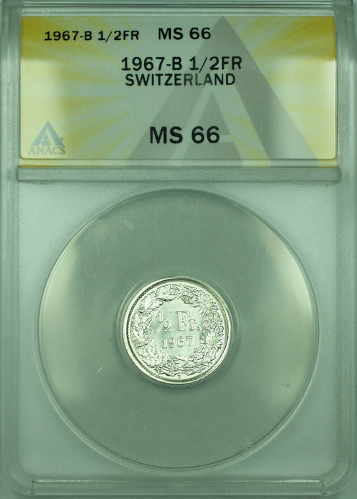 1967-B 1/2FR Switzerland ANACS MS 66 1/2 Franc Silver Coin KM#23