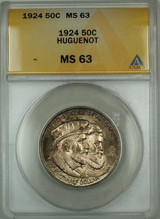 1924 Huguenot Commemorative Silver Half Dollar ANACS MS-63 (Better Coin) Toned B