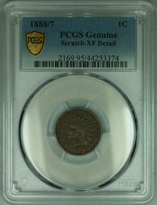 1888/7 Overdate Indian Head Cent 1c Coin PCGS XF Detail Scratched