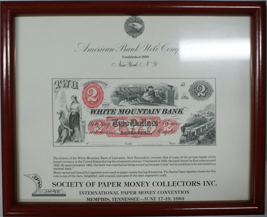 Framed SPMC Souvenir Card 1983 SO 33 ABNC $2 "Santa" White Mountain Bank Note
