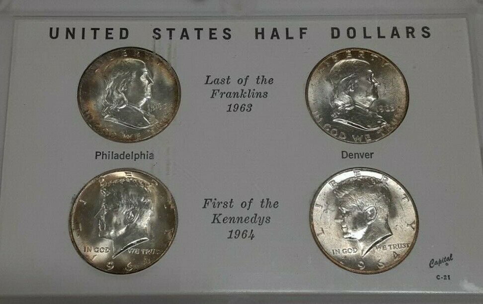 1963-64 The Last Franklin & 1st Kennedy US 90% Silver Half Dollar Set in Holder