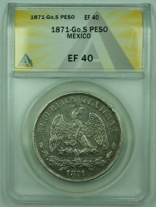 1871-Go, S 1 Peso Silver Mexico ANACS EF-40 (XF)