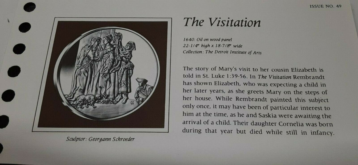 Franklin Mint Genius/Rembrandt PR .925 Silver Medal-The Visitation in Card