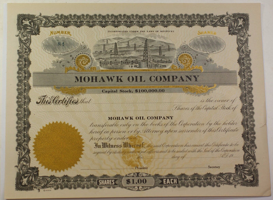 Mohawk Oil Company Winchester Kentucky Stock Certificate Serial Number 84