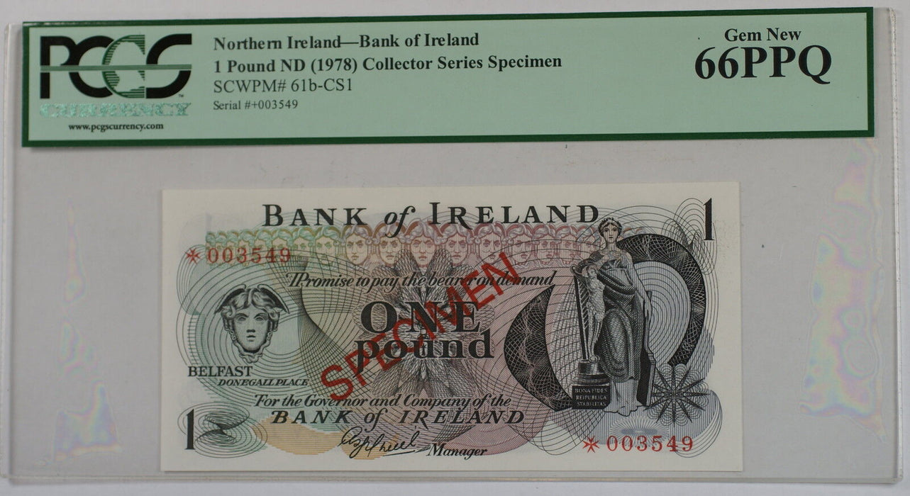 (1978) Northern Ireland 1 Pound Specimen Note SCWPM# 61b-CS1 PCGS 66 PPQ Gem New
