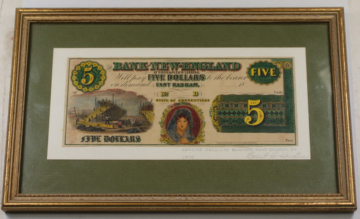 1970 $5 Obsolete Banknote Bank of New England Hand Colored by Brent Hughes