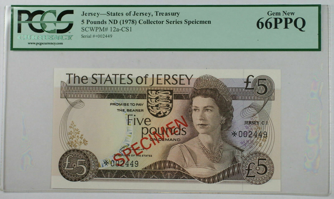 (1978) States of Jersey 5 Pounds Specimen Note SCWPM#12a-CS1 PCGS 66 PPQ Gem New