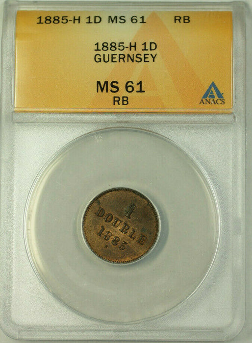1885-H Guernsey Bronze 1 Double Coin ANACS MS 61 Red Brown
