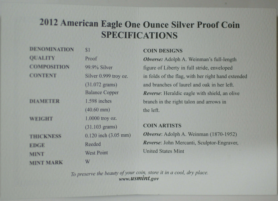 2012-W Proof American Silver Eagle 1oz Coin With OGP & COA