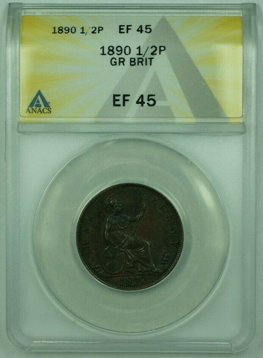 1890 Great Britian Half Penny 1/2P ANACS EF-45 (XF)
