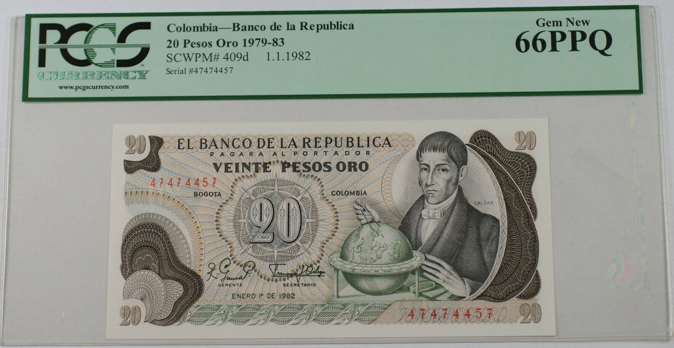 1979-83 Colombia 20 Pesos Oro Note SCWPM# 409d PCGS PPQ 66 Gem New