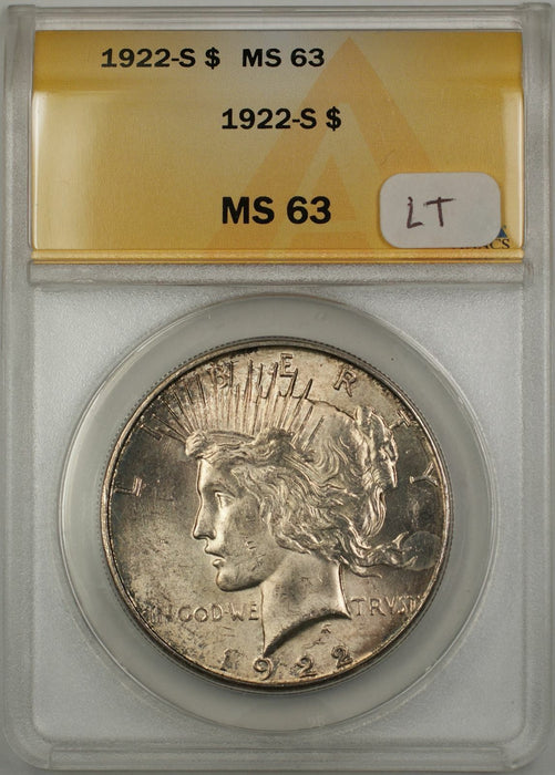 1922-S Peace Silver Dollar Coin $1 ANACS MS 63 Light Toning