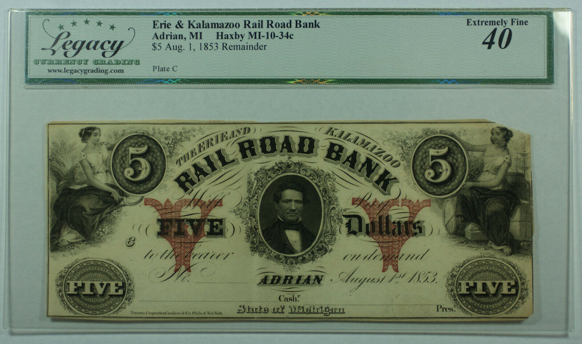 1853 $5 Erie & Kalamazoo Rail Road Bank Adrian MI Haxby MI-10-34c Legacy XF-40 B