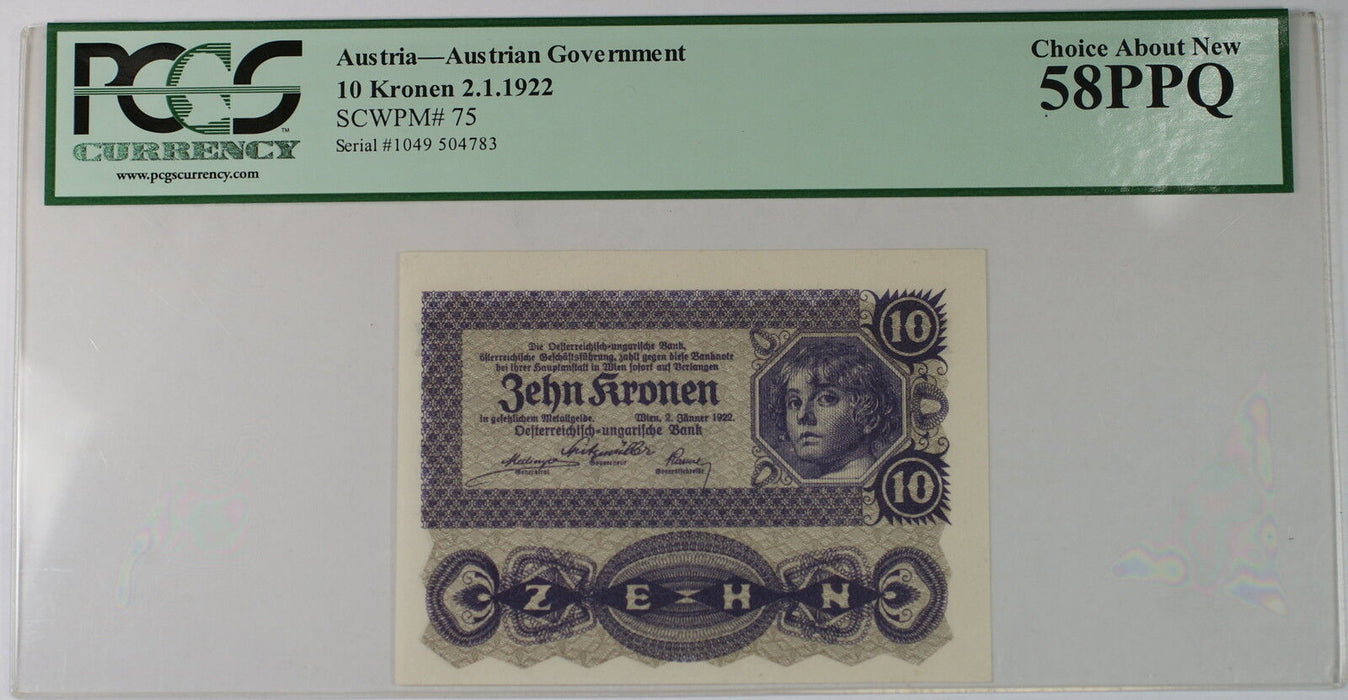 2.1.1922 Austria 10 Kronen Note SCWPM# 75 PCGS 58 PPQ Choice About New