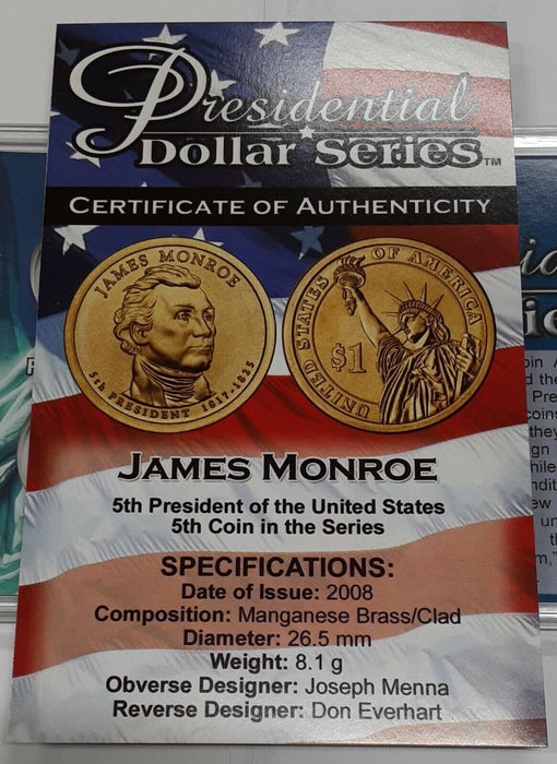 2008 P & D James Monroe Presidential $1 Coins Uncirculated in Case w/COA