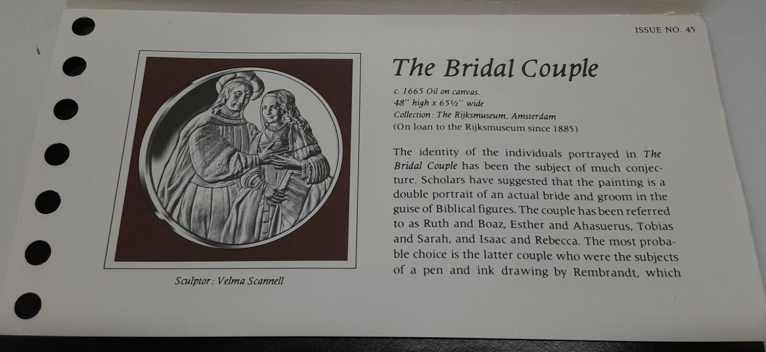 Franklin Mint Genius of Rembrandt PR .925 Silver Medal - Bridal Couple in Card